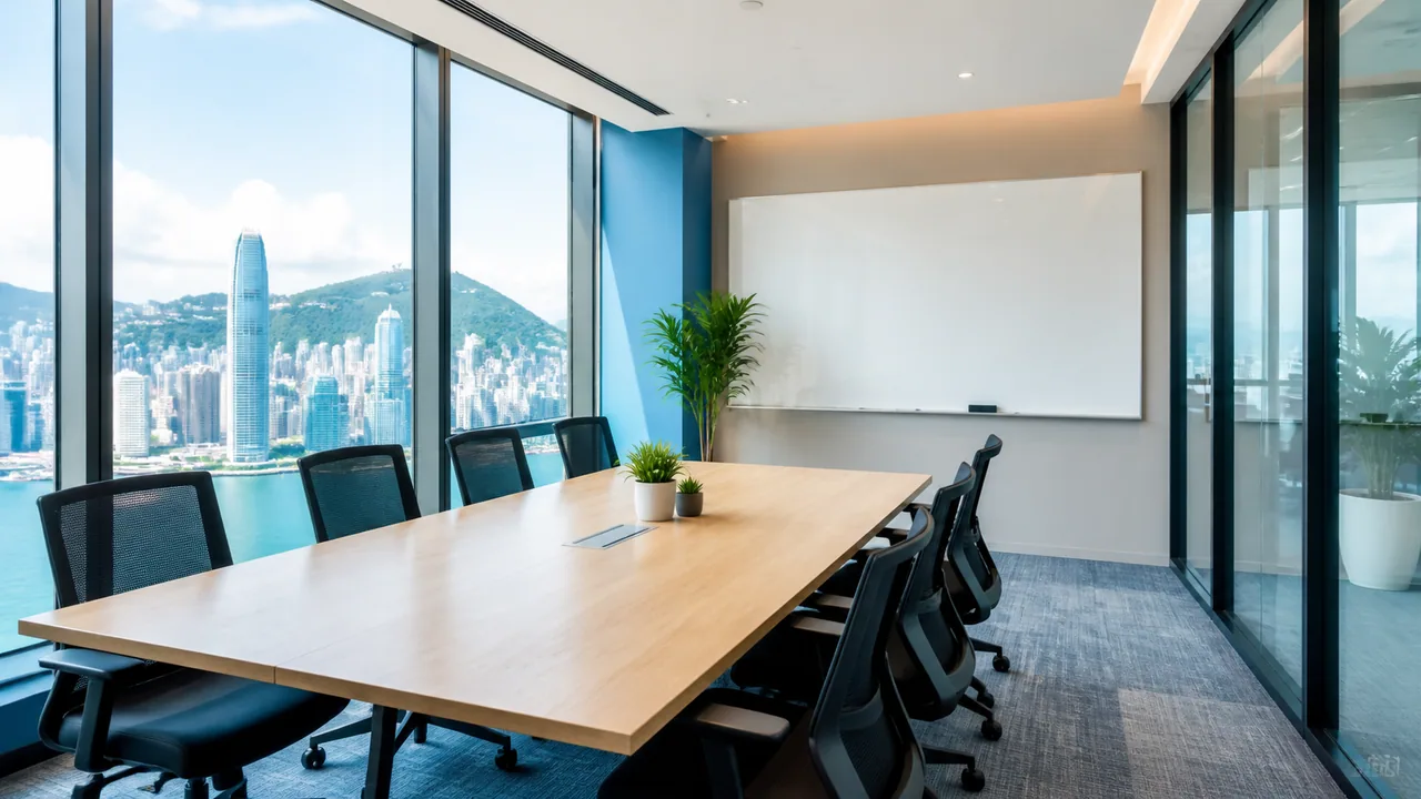 Illustrative modern meeting room overlooking Hong Kong