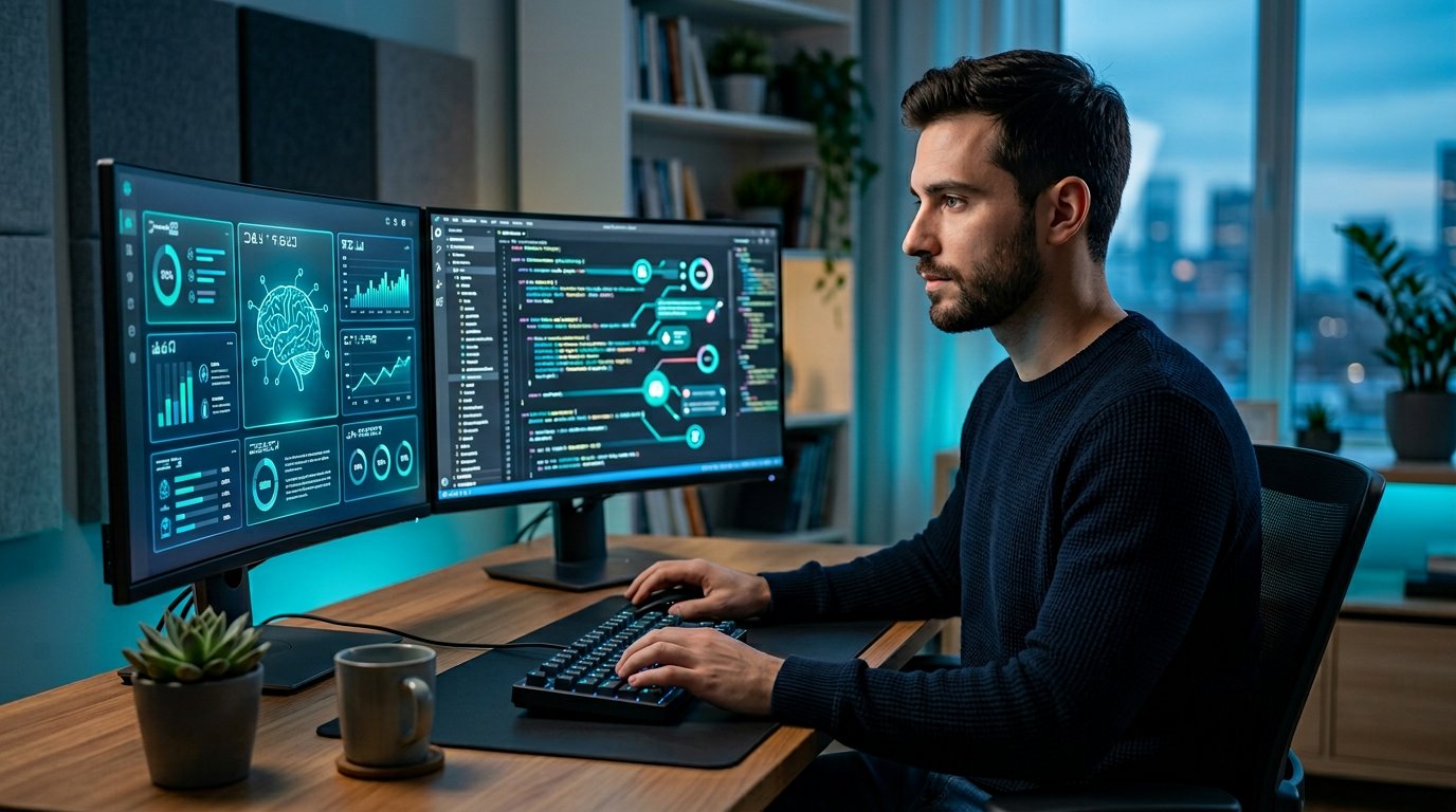 A developer preparing for a technical interview with an AI coaching workspace.