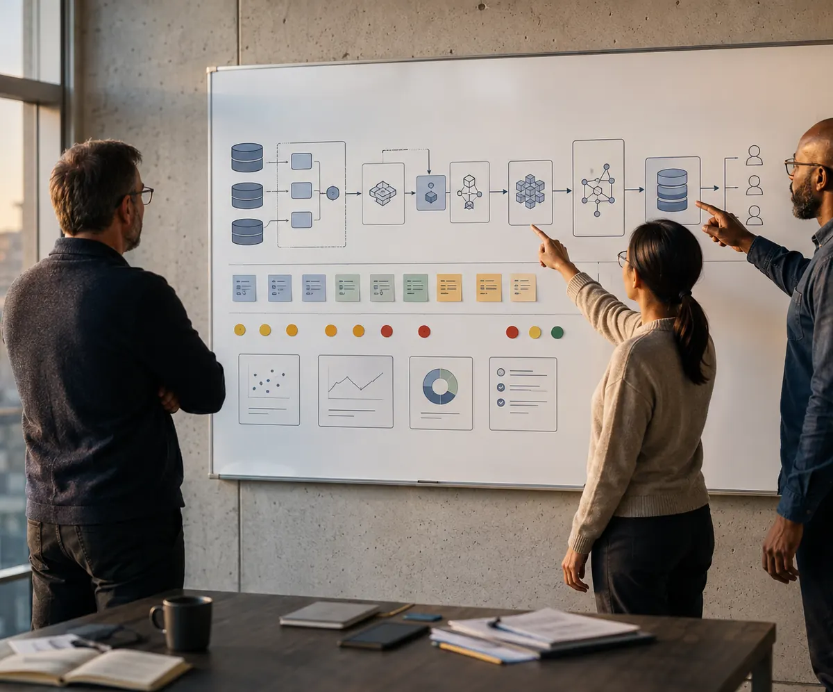 Engineering team reviewing a completed end-to-end machine learning system design