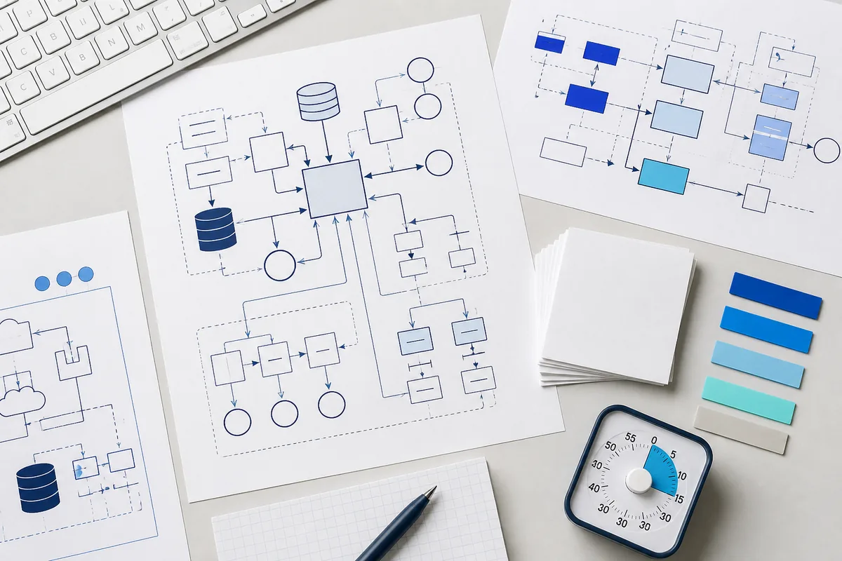 Technical interview diagrams and preparation materials arranged in an overhead view