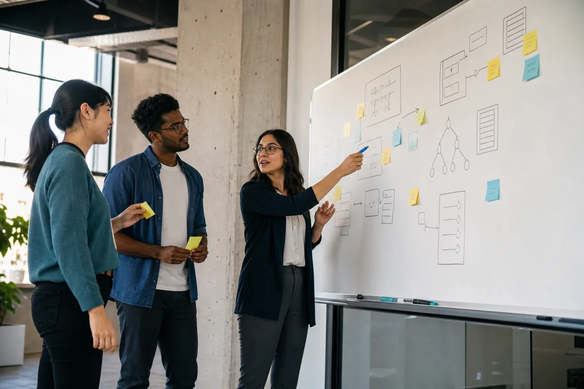 Candidates preparing together at a technical whiteboard